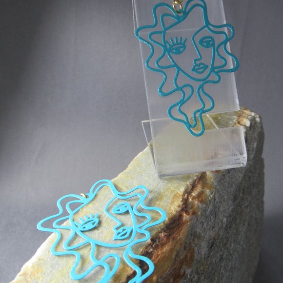 Blue Crowning Glory Dreamer Earrings, Abstract Woman Face, Merida - Picture 4 of 6